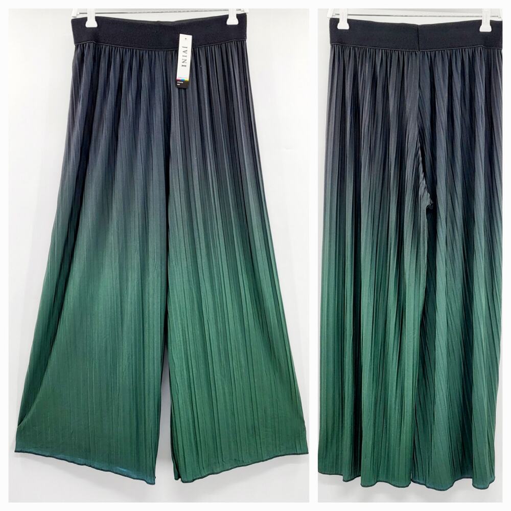 JVINI Gradient Black and Green Wide Leg Pleated Lightweight Pants Women One Size